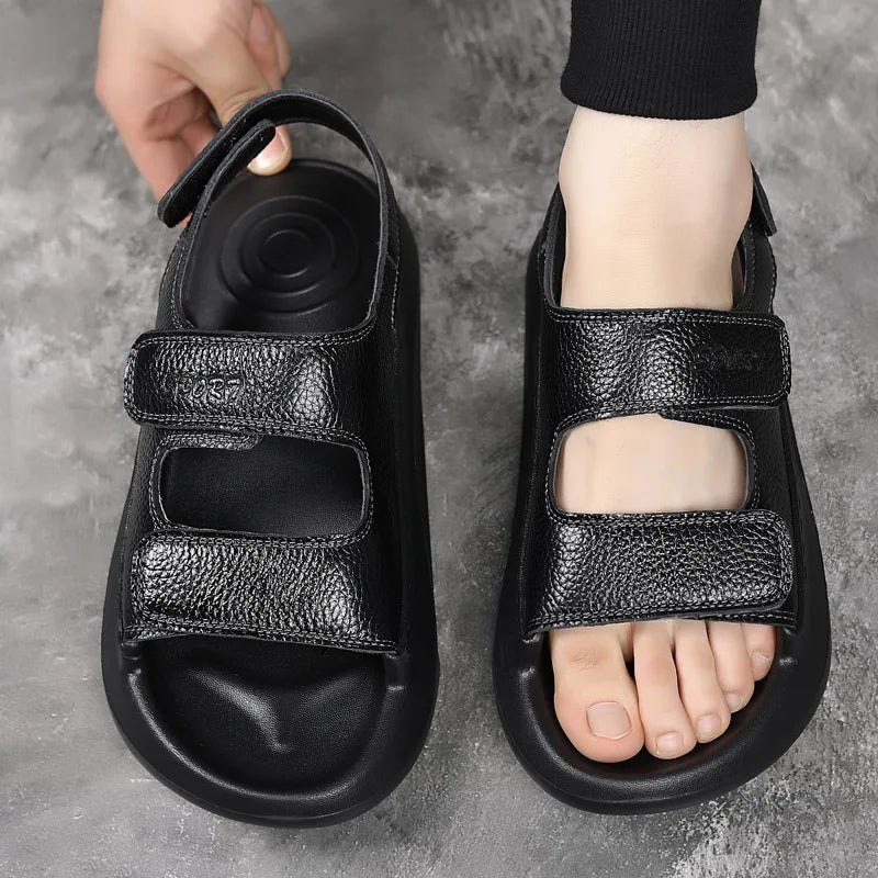 Solid Color Leather Sandals for Men 2025 Summer New Designer Platform Sandals Male Fashion Casual Outwear Beach Shoes Man