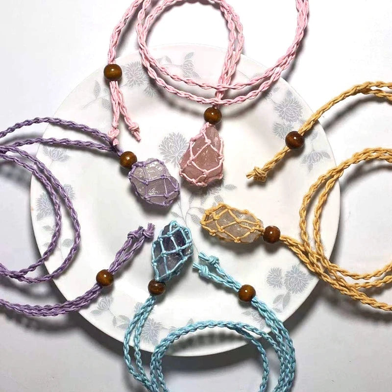Retro Woven Natural Stone Pendant Necklace Net Pocket Hollow Handmade Jewelry Men and Women the Same Style Without Gems