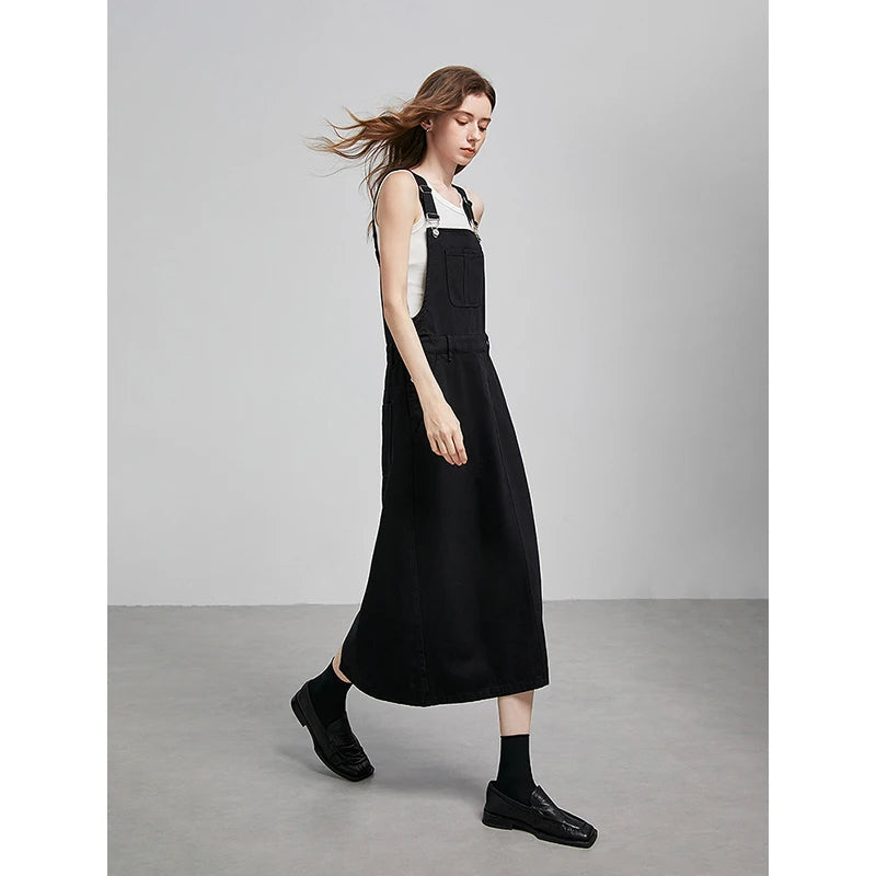 TOYOUTH Women Overalls 2025 Spring New College Style Cotton Medium Length Sleeveless Denim Dress