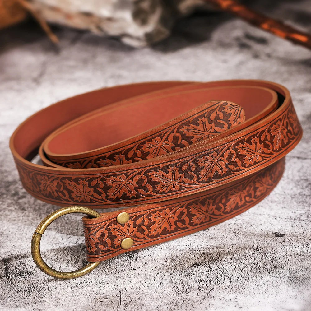 Medieval Embossed PU Leather O Ring Belt Vintage Renaissance Knight Costume Belt for LARP Cosplay