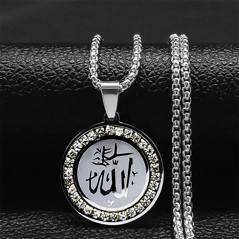 Muslim Islamic Religious Stainless Steel Crystal Necklace Women Islam Quran Allah Pendant Necklaces Arabic Jewelry bijoux arabe