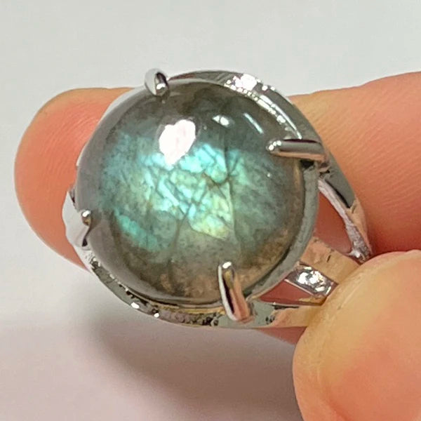 Ring Natural Stone Round Bead Blue Labradorite Adjustable Finger