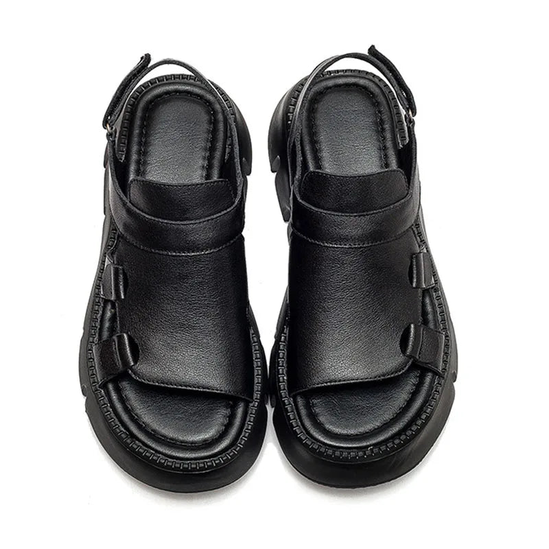 Women's Sandals  Summer Genuine Leather Thick Sole Ladies Sandals Summer Shoes Women Retro Style Handmade Shoes