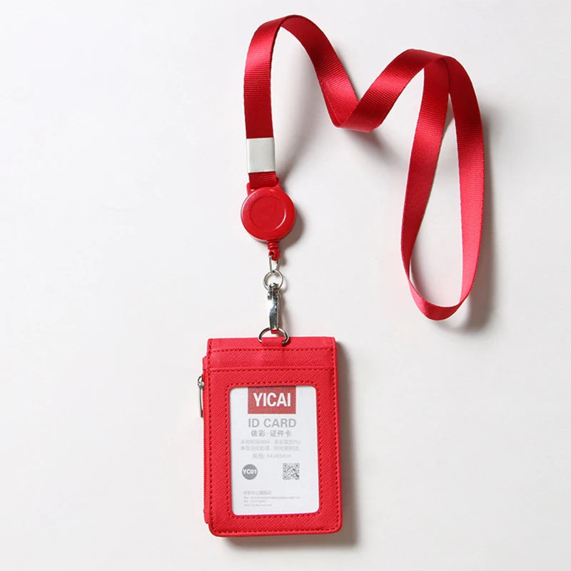 Solid Color Horizontal Vertical Employee Staff ID Work Card Cover with Retractable Badge Reel Lanyard Badge Pass Bus Card Holder