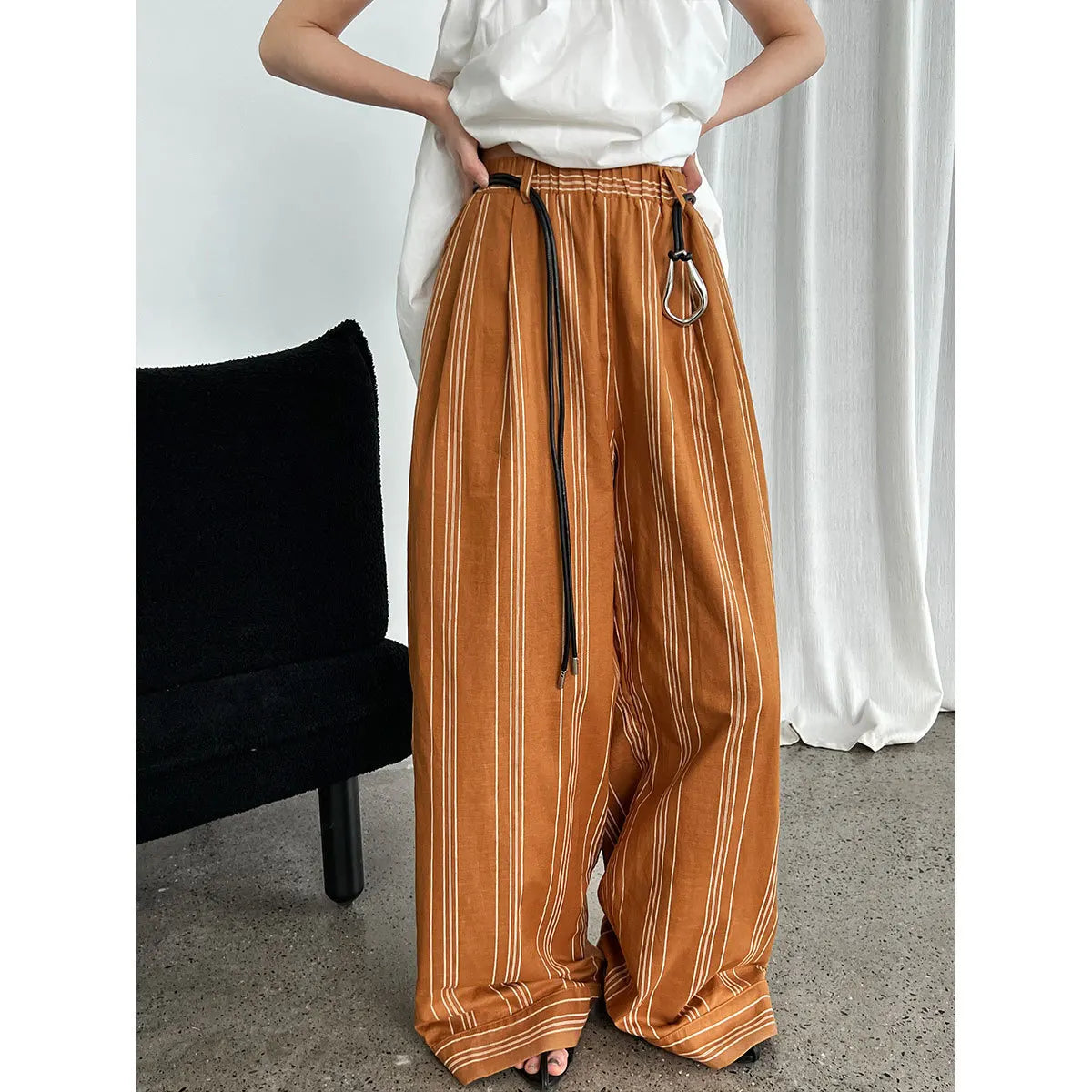 Cotton Linen Bohemian  Long Pant Old Money Style Striped Elastic Casual Pants Women Summer Waist Belt Lazy Wide Legs Pants