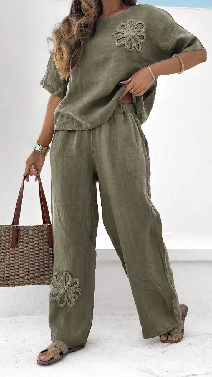 Cotton Linen Women's Clothing 2025 Summer New Fashion Embroidered short Tops & Pants Splicing Pure Color Temperament Casual Suit