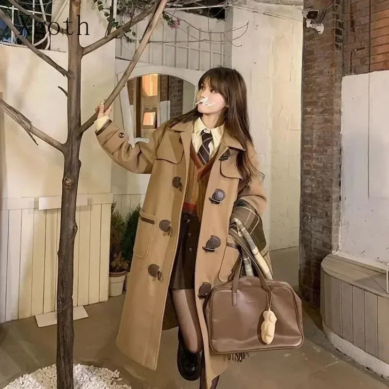 Ladies Coats Thickened Turndown Collar Single Row Cow Horn Button Midlength College Style Reduced Age Woolen Coat Women Clothing