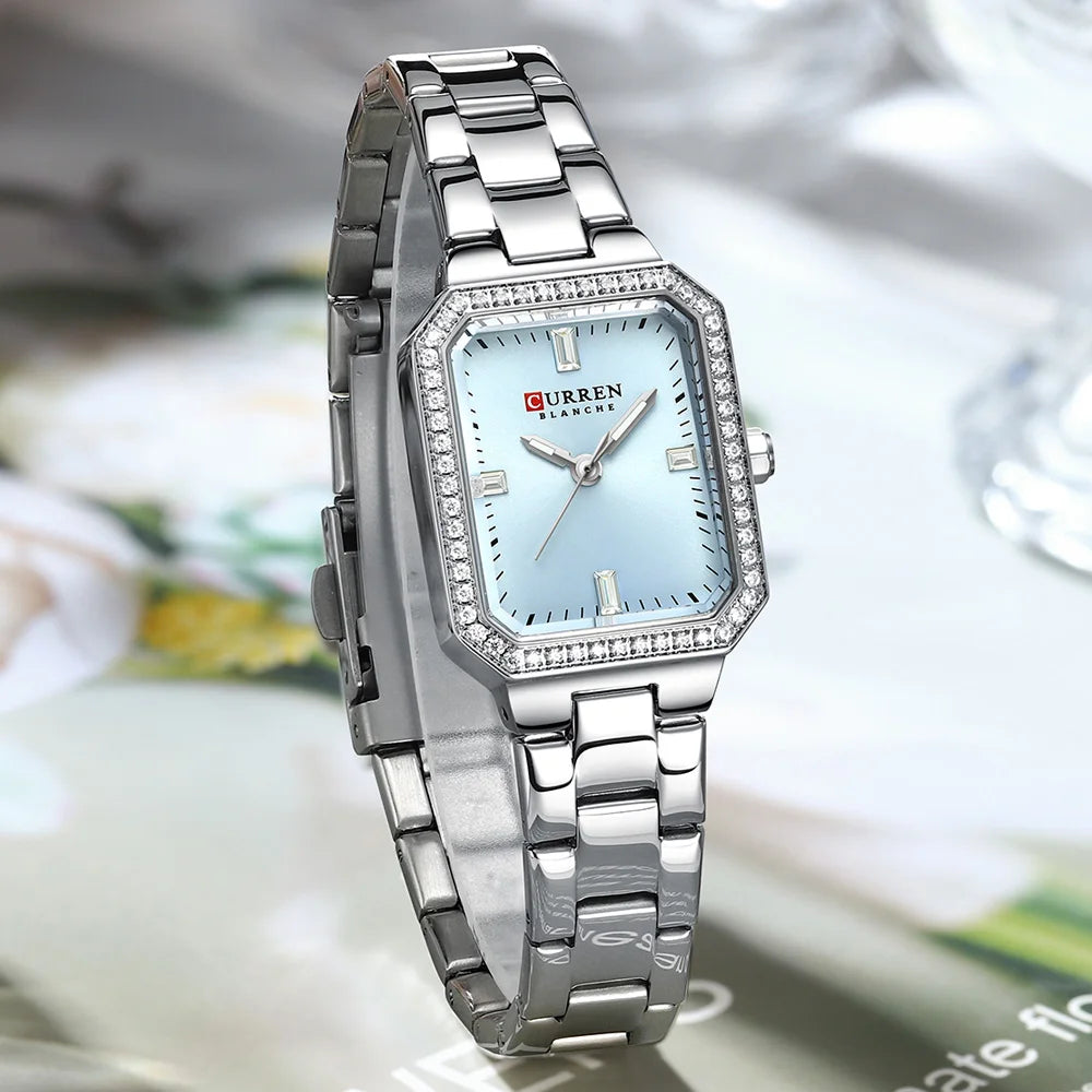 CURREN Luxury Brand Watches for Women Simple Rectangular Dial with Sparkling Rhinestones Casual Quartz Wristwatch with Luminous