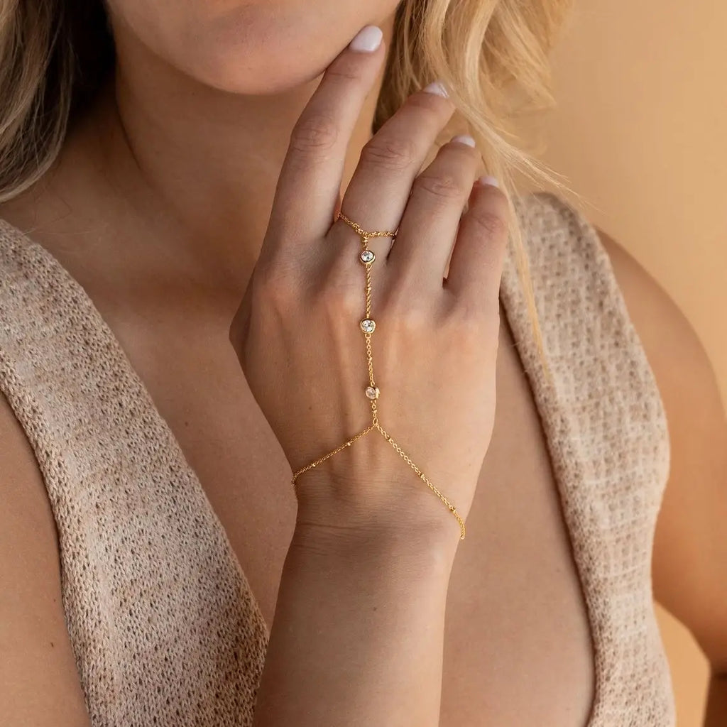 Dainty Hand Chain Bracelet Ring Gold Plated Handmade Link Chains Connecting Harness Bracelets Hand Jewelry for Women Trendy Gift