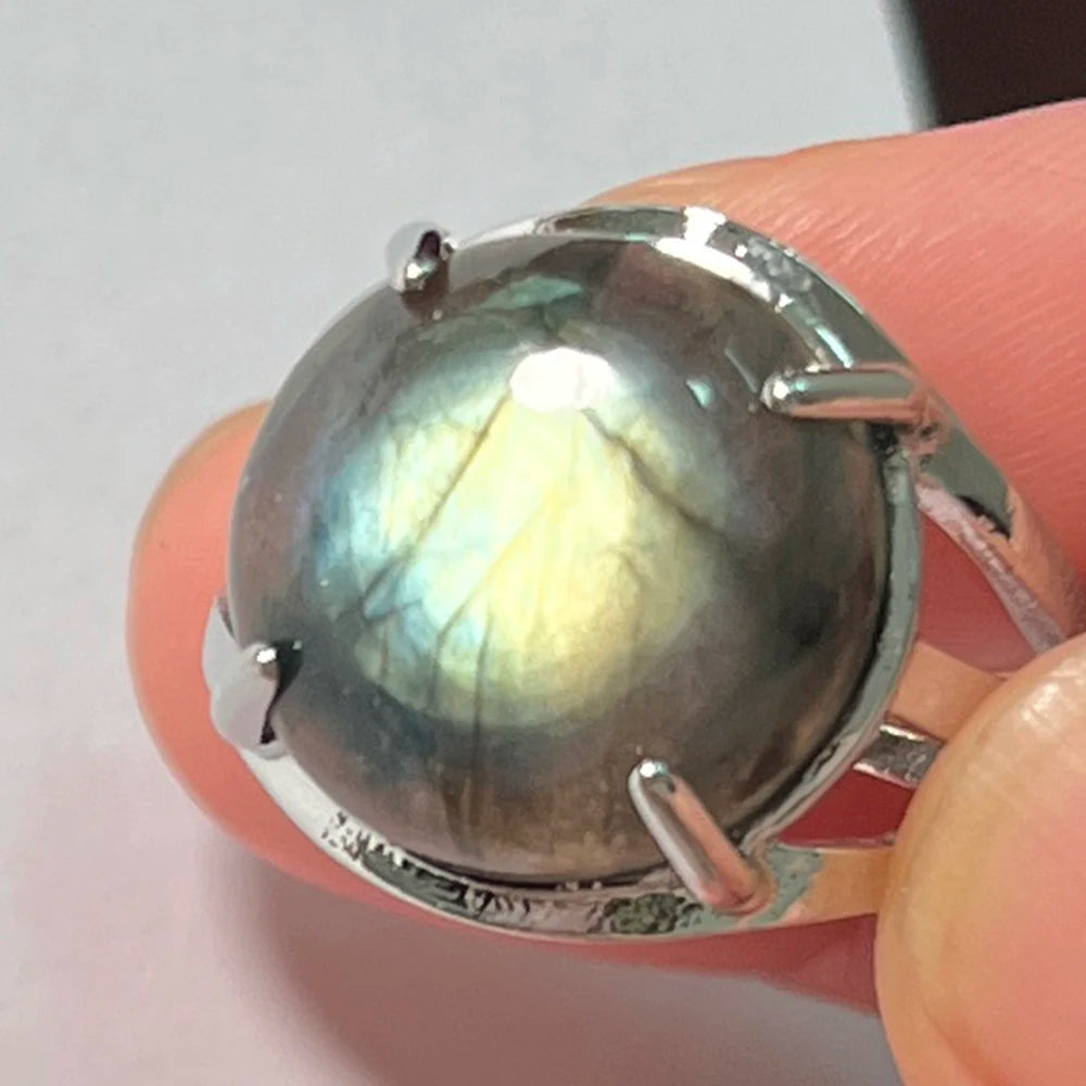 Ring Natural Stone Round Bead Blue Labradorite Adjustable Finger