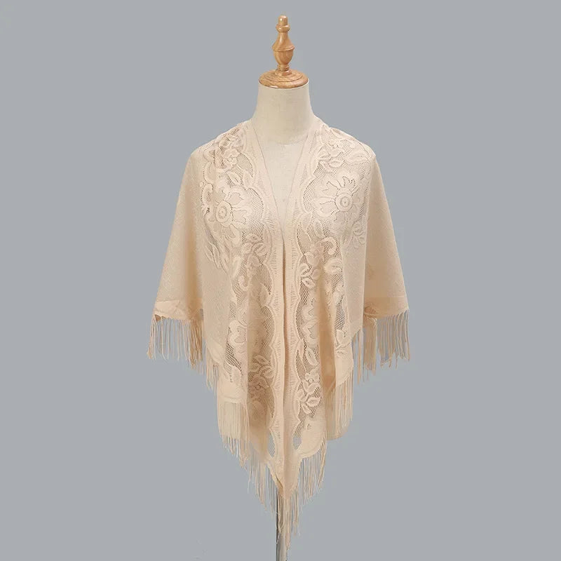 Fashion Women Triangle Wrap Fringed Shawls Head Scarf Tassel Embroidery Lace Scarves Flower Hijab Bandana Prayer Kerchief Church