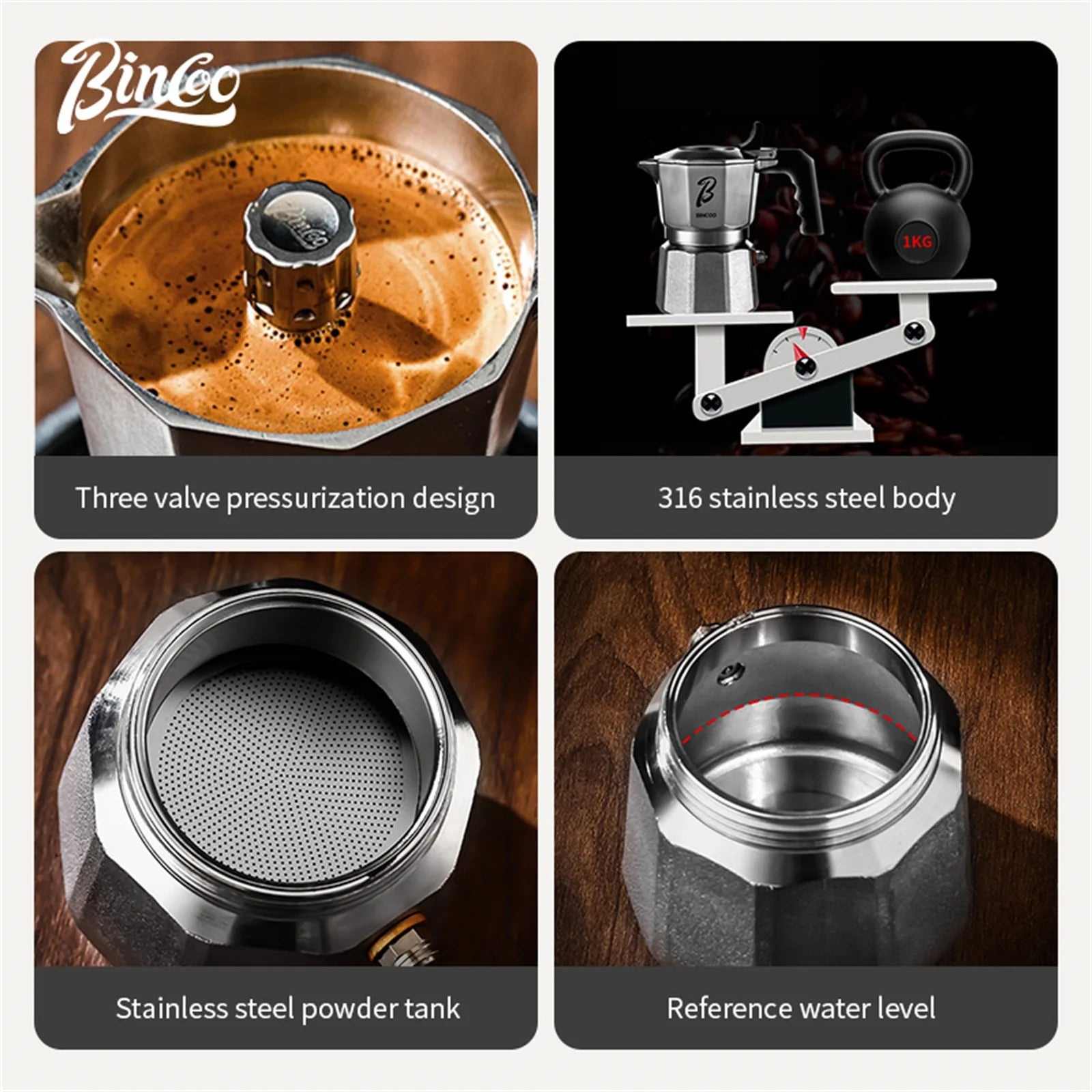 Bincoo Three-valve Moka Pot Set Stainless Steel Electric Pottery Pot Household Italian Espresso Coffee Pot Barista Accessories