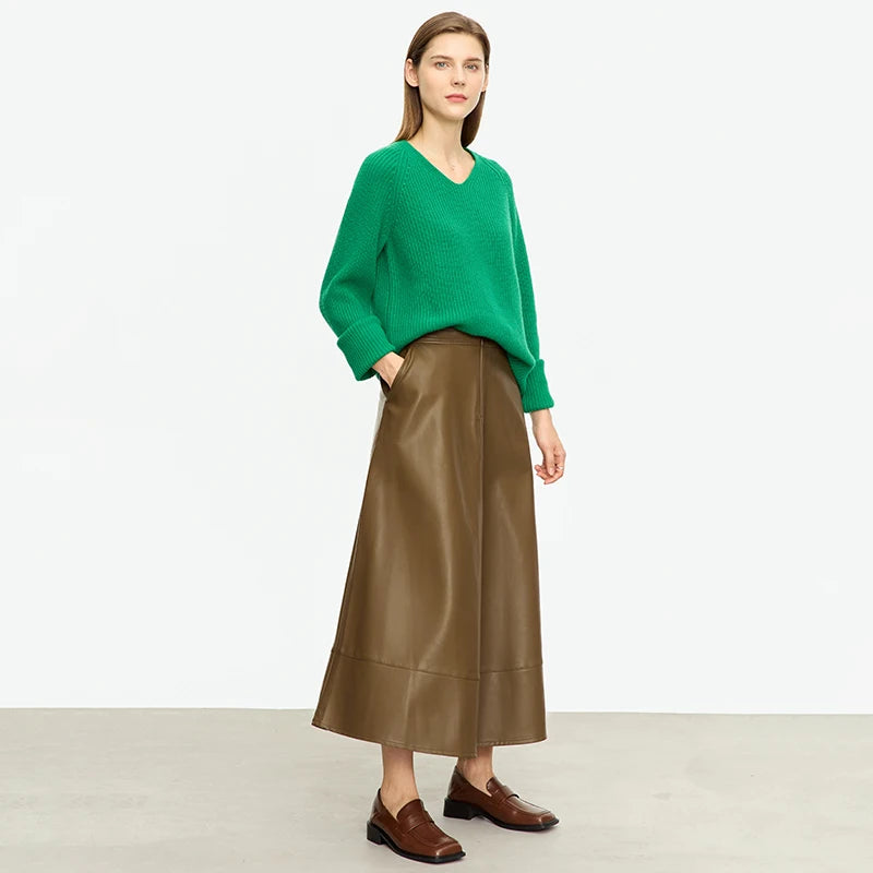 AMII Minimalist Fashion Women Skirt 2023 Autumn New Loose Simple Mid-length A-line Office Lady PU Leather Solid Skirts 12343134
