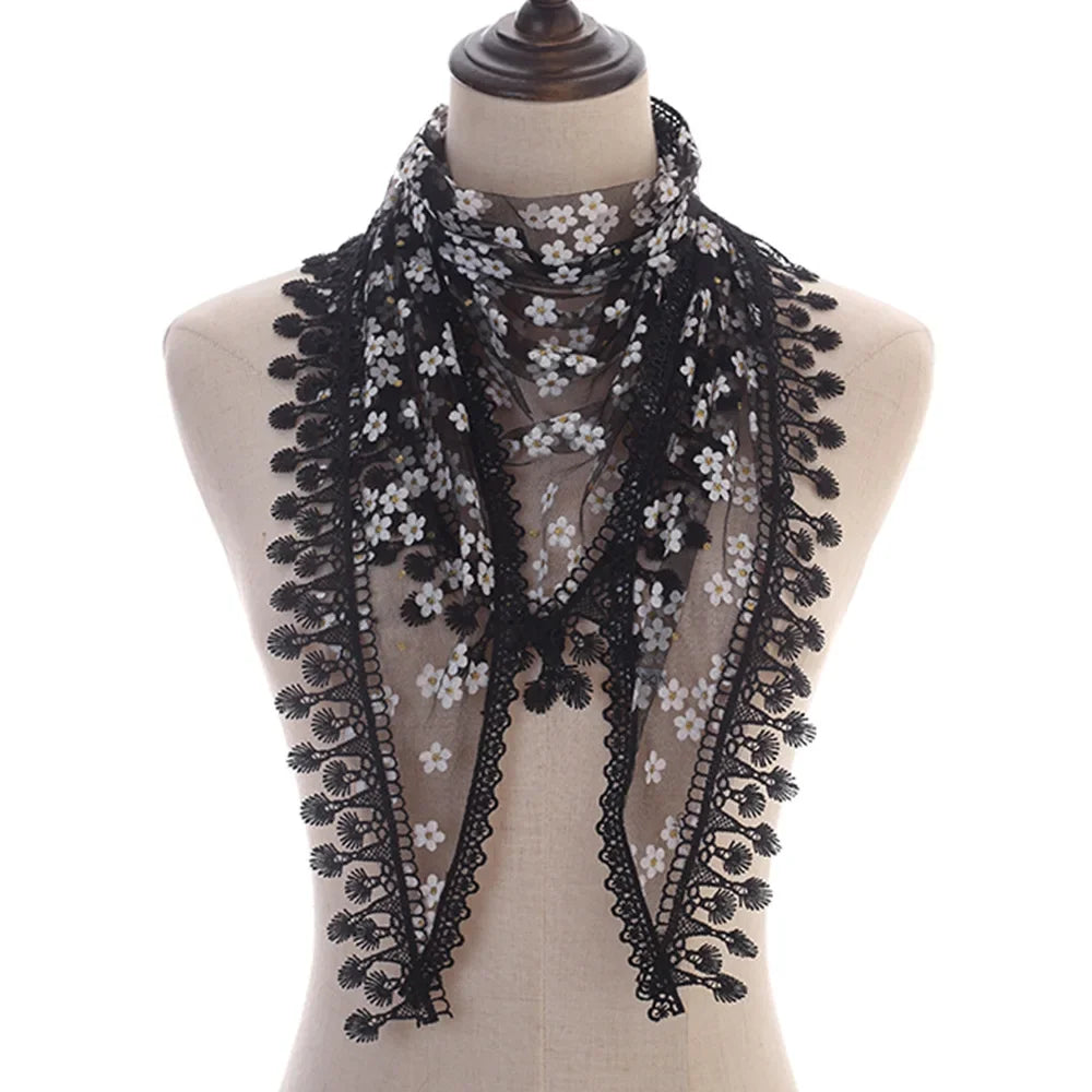 Fashion Women Triangle Wrap Fringed Shawls Head Scarf Tassel Embroidery Lace Scarves Flower Hijab Bandana Prayer Kerchief Church
