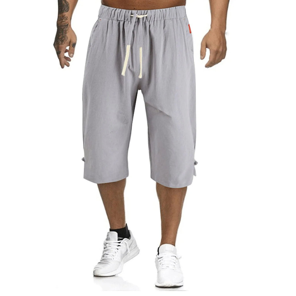Cotton Linen Men'S Loose Tie Casual Pants Elastic Waist Beach Pants Linen Cropped Pants