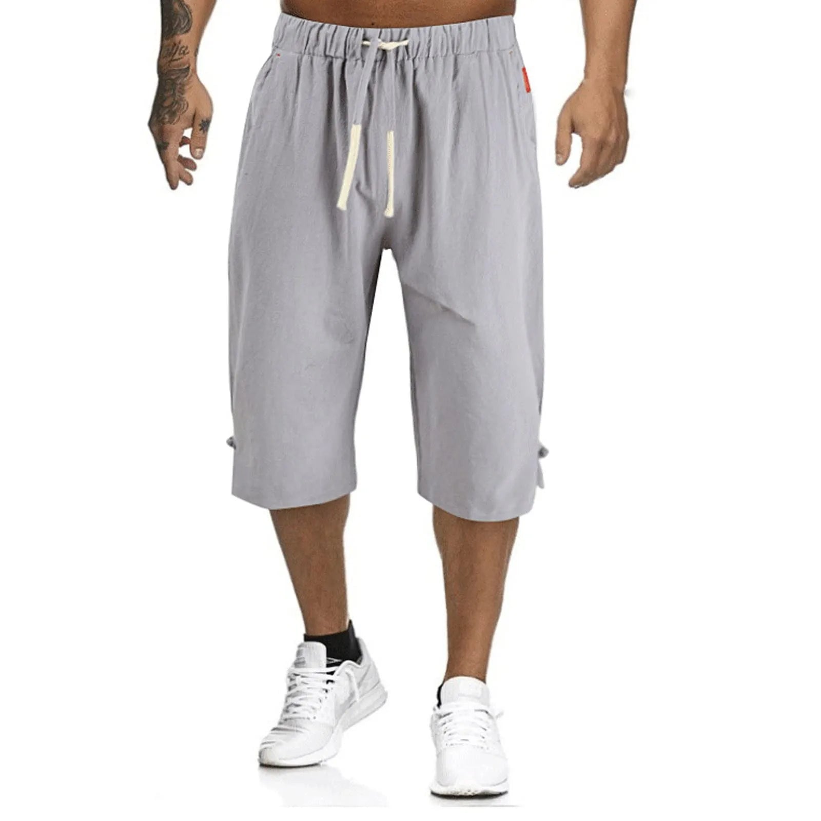 Cotton Linen Men'S Loose Tie Casual Pants Elastic Waist Beach Pants Linen Cropped Pants
