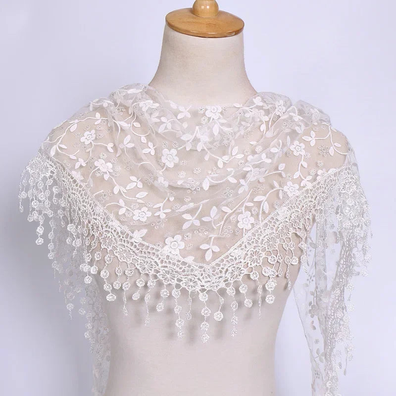 Fashion Women Triangle Wrap Fringed Shawls Head Scarf Tassel Embroidery Lace Scarves Flower Hijab Bandana Prayer Kerchief Church