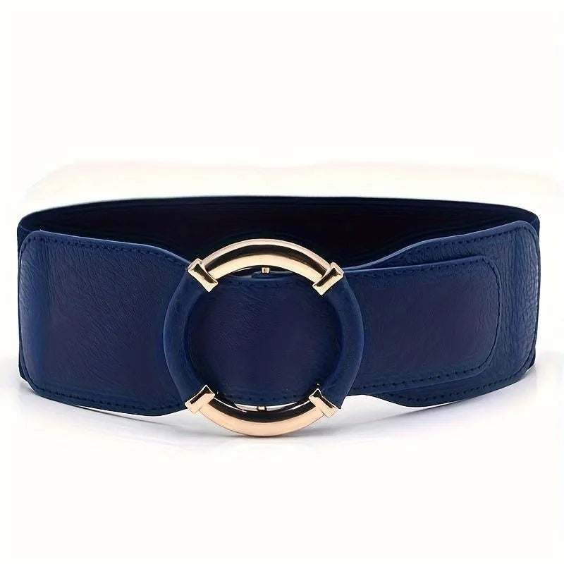 Solid Color Wide Belt Casual Stretchy Vintage Elastic Waistband Round Metal Buckle Dress Coat Girdle Women Apparel Accessories