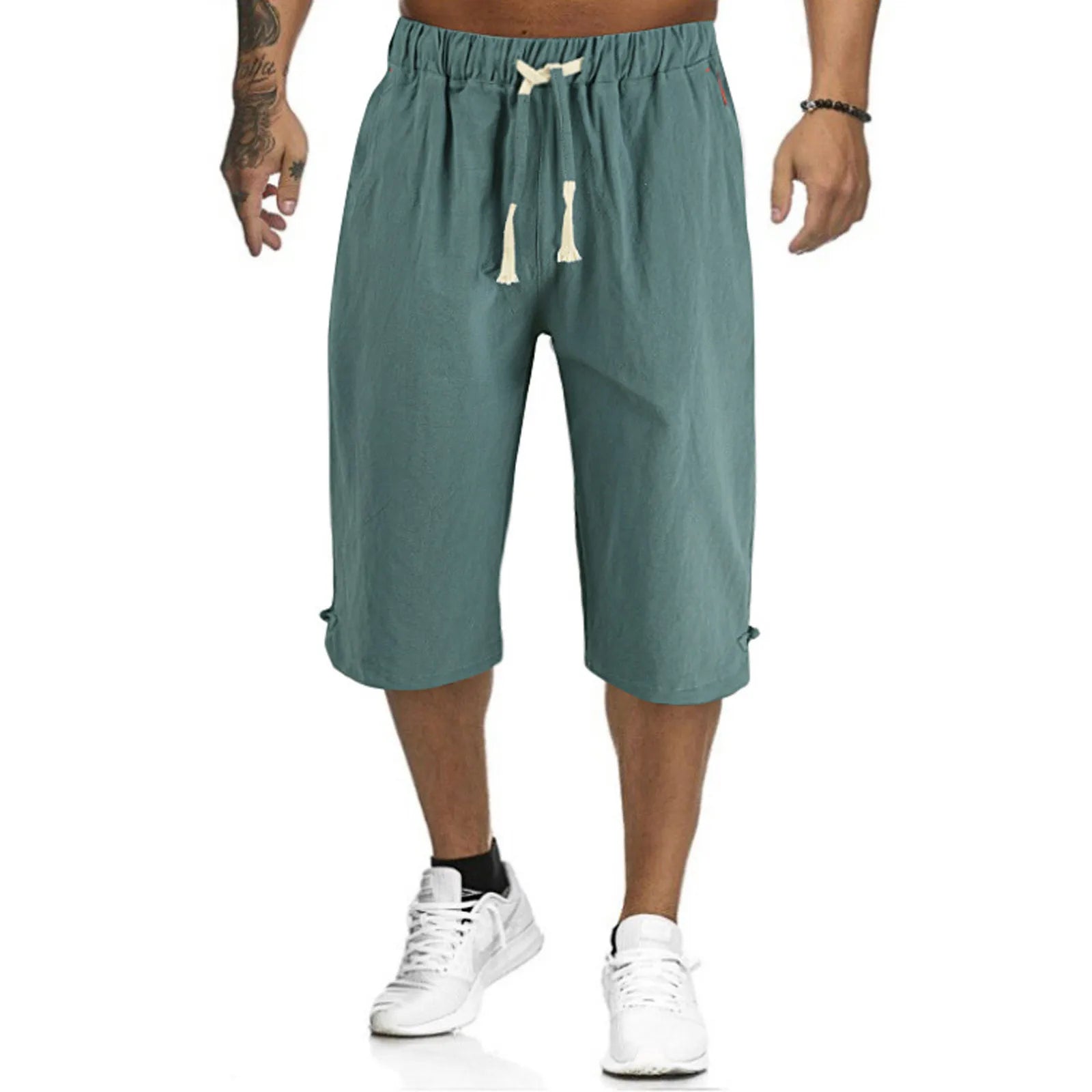 Cotton Linen Men'S Loose Tie Casual Pants Elastic Waist Beach Pants Linen Cropped Pants