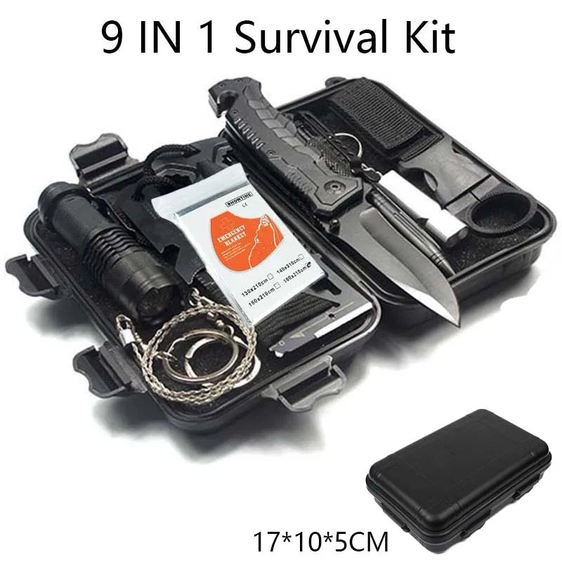 Survival Kit 9 IN 1 Survival Gear Equipment Tool Storage Box Tools Accessories Container for Outdoor Camping Hiking Fishing