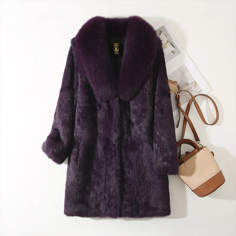 New 100% Real Natural  Whole Rabbit Fur Coat With Luxury Natural Fox Fur Collar Jacket Full Pelt Rabbit Fur Overcoat