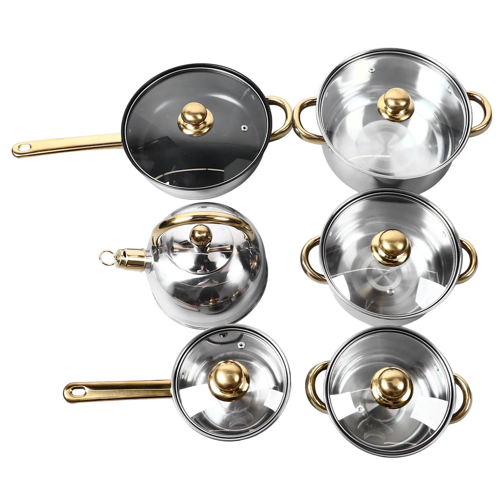 12Pcs Kitchen Pots Stainless Steel Golden Handle Smoothing Sturdy Pot Durable Easy to Clean Cookware Set for Home Cooking
