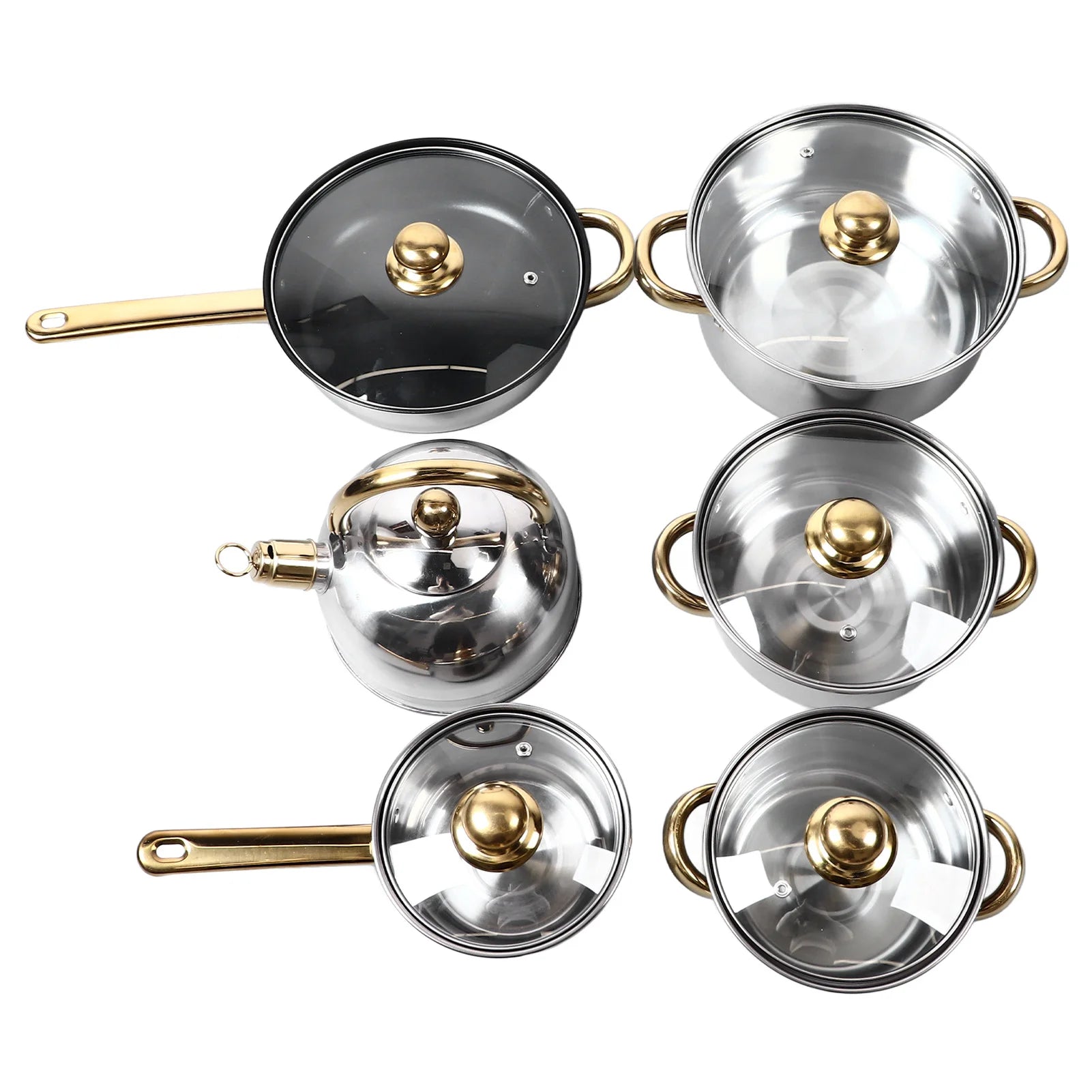 12Pcs Kitchen Pots Stainless Steel Golden Handle Smoothing Sturdy Pot Durable Easy to Clean Cookware Set for Home Cooking