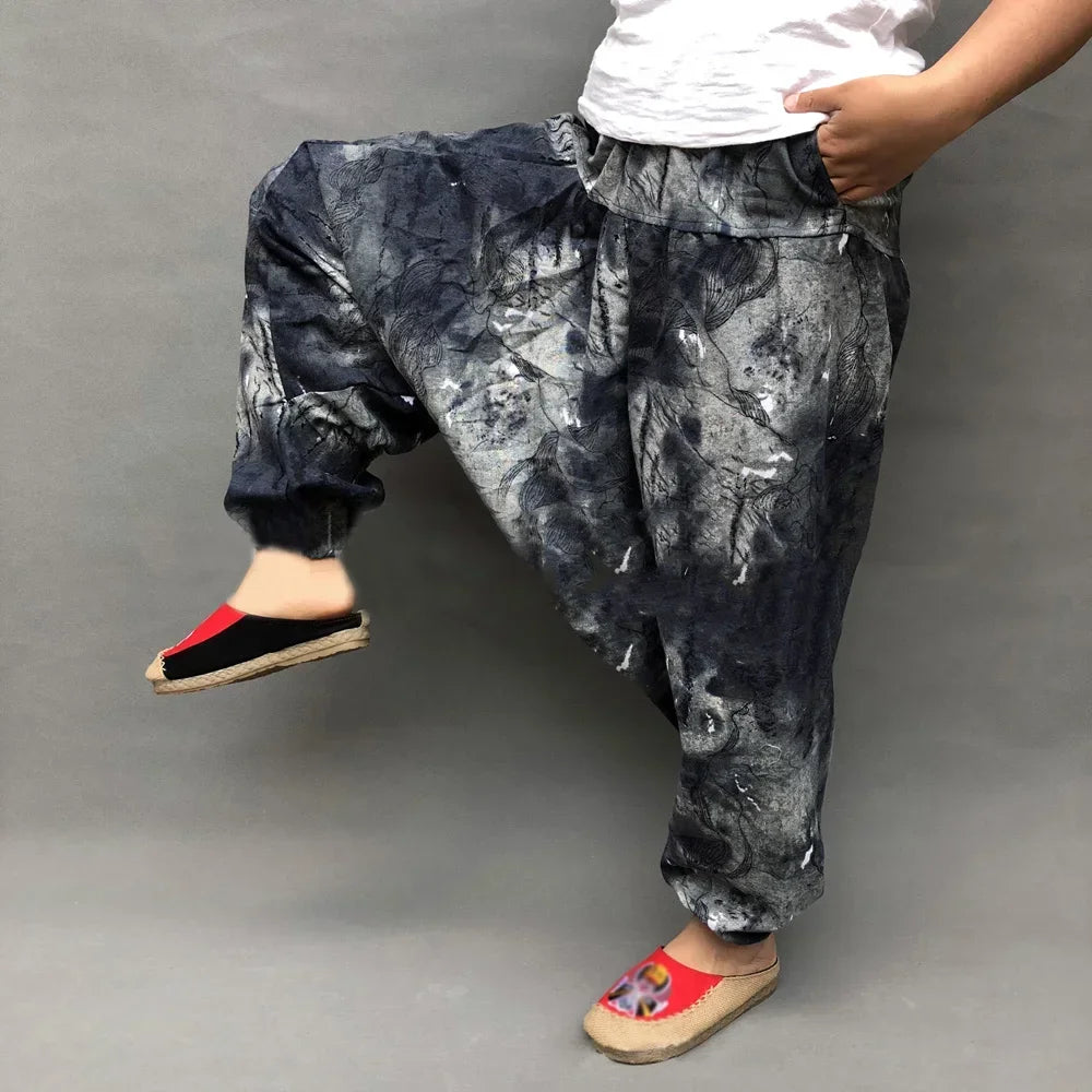 Vintage Men's Linen Loose Ethnic Printing Pants Trousers Retro Casual Harem Large Crotch Beach Pants Man Clothing