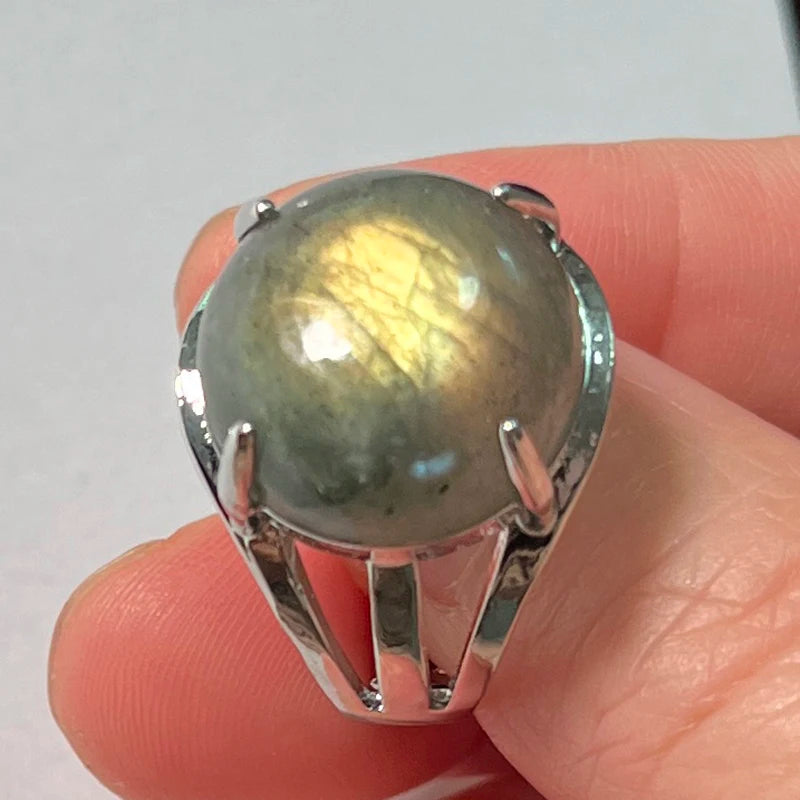 Ring Natural Stone Round Bead Blue Labradorite Adjustable Finger