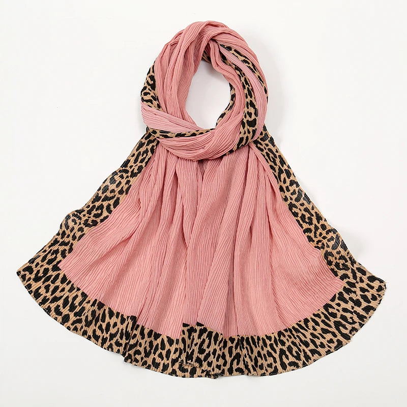 Hot Leopard Print Wrinkles Hijab Scarf Polyester Muslim Woman Hijab Shawls Lady Soft Long Wraps Femme Elegant Bandana Turban