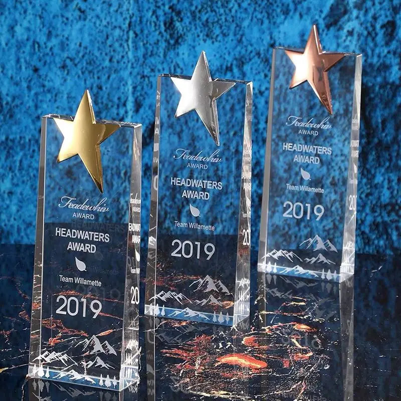 Customized Transparent Crystal Trophy, Gold Silver Copper, Five-Star, Excellent Staff Award, Home Decoration, 1Pc