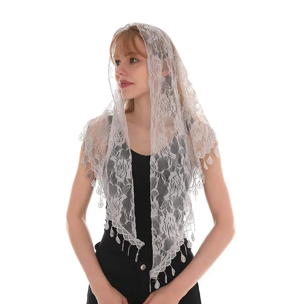 Fashion Church Shawl Lace Veil Polyester Scarf Bandana Church Prayer Wedding Mantilla Chapel White Embroidered Hijab Women Scarf