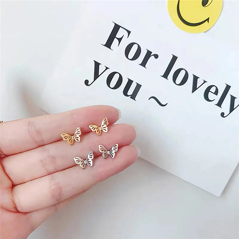 Tiny Minimalist Korean Mini Small Heart Stars Stud Earrings For Women Butterfly Heart Star Piercing Ear Studs