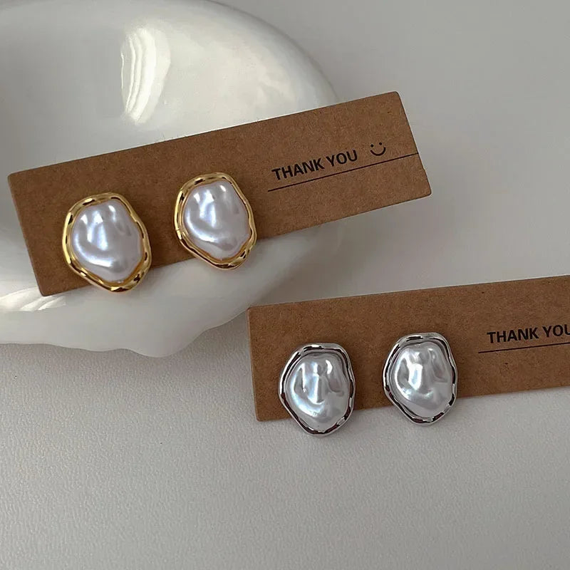 Fashion Geometric Irregular Round Metal Pearl Earrings for Women 2024 Minimalist Style Personality Earrings Trendy Jewelry Gift