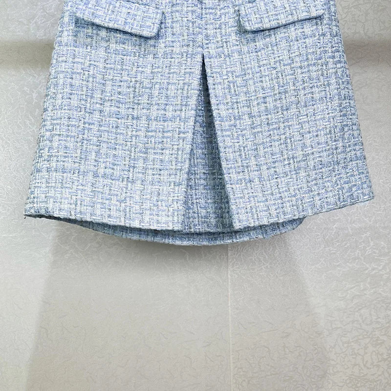 Luxury Crystal Tweed Dress 2 Piece Sets Women Tweed Jackets Blue Coats A Line Short Skirts Office Lady Work Retro Casual Outfits