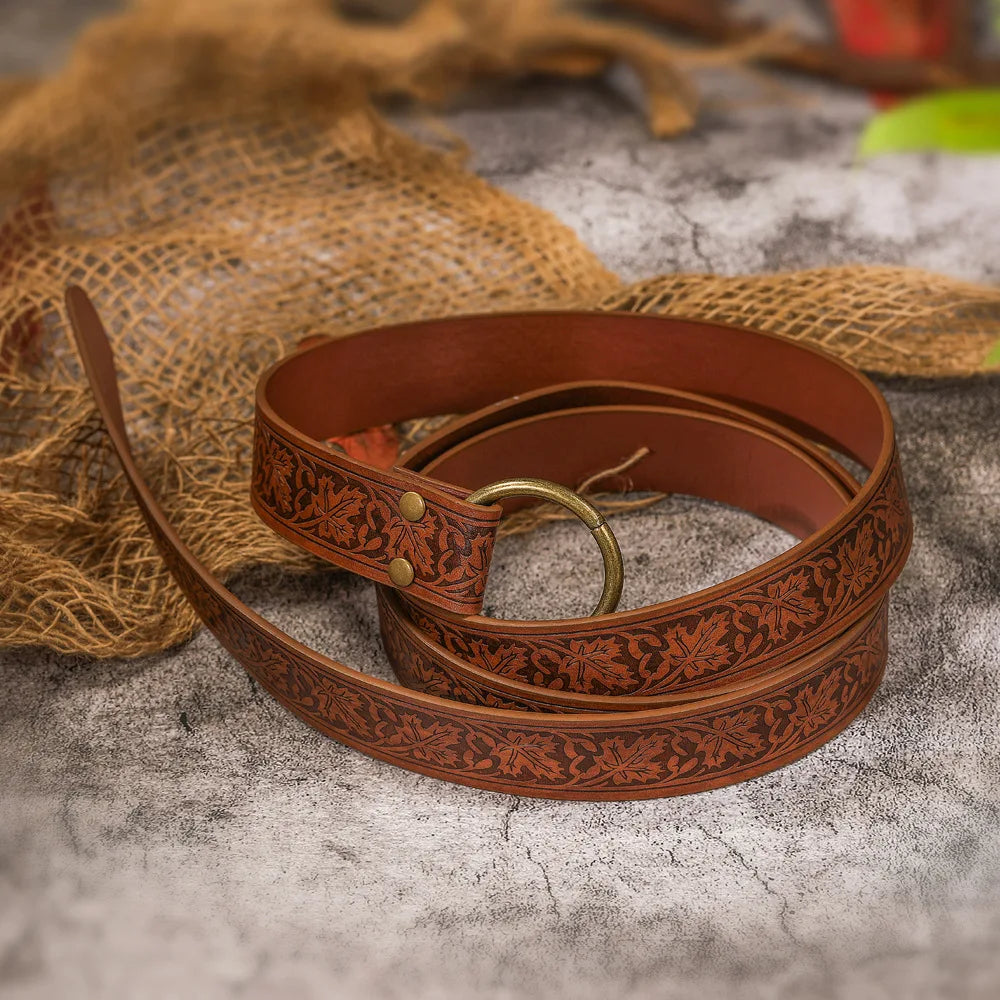 Medieval Embossed PU Leather O Ring Belt Vintage Renaissance Knight Costume Belt for LARP Cosplay