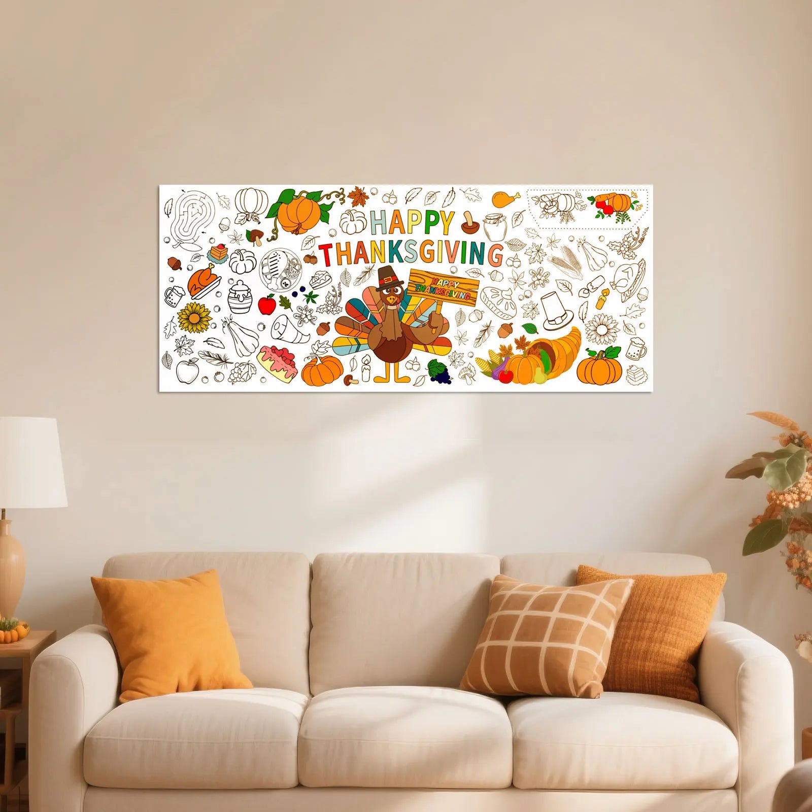 Thanksgiving Unique Interesting Tablecloth Kid Graffiti Interactive Design Family Durable Waterproof Festival Ambiance Supplies