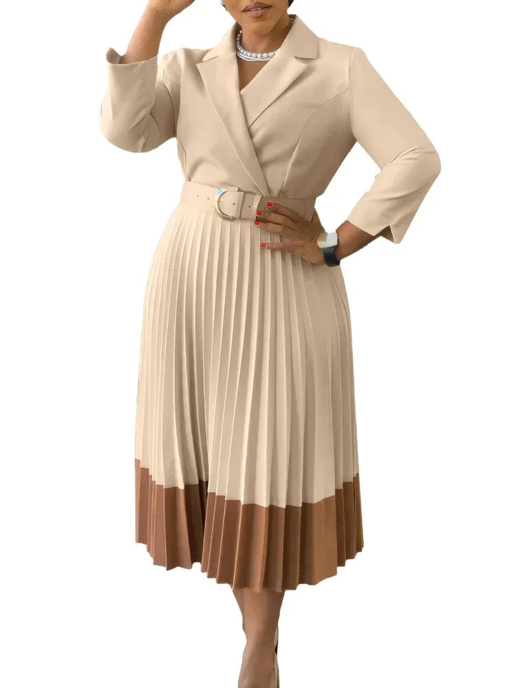 A-line Pleated Blazer Dresses for Women High Waisted Party Suit V-neck Long Sleeved Elegant African Modest African Work Wear New