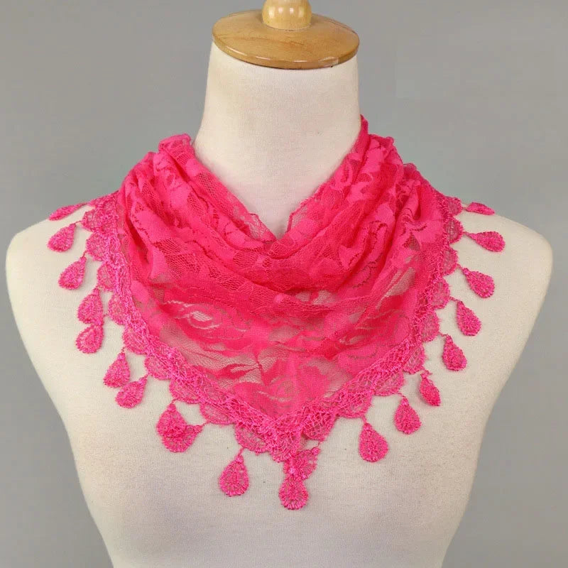 Fashion Women Triangle Wrap Fringed Shawls Head Scarf Tassel Embroidery Lace Scarves Flower Hijab Bandana Prayer Kerchief Church