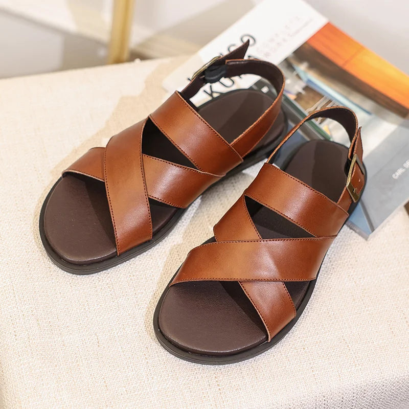 Summer Men's Leather Sandals Non-Slip Anti-Odor Beach Shoes First Layer Cowhide Outer Wear Casual Tpr Sandals Men's Wholesale