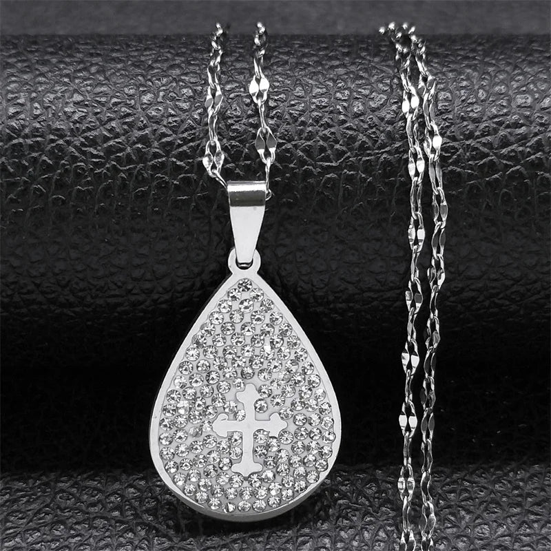 Simple Cross Pendant Necklace Stainless Steel Crystal Jesus Christ Necklaces Religious Jewelry corrente feminina N8249S02