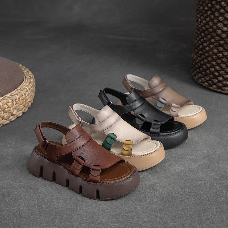 Women's Sandals  Summer Genuine Leather Thick Sole Ladies Sandals Summer Shoes Women Retro Style Handmade Shoes