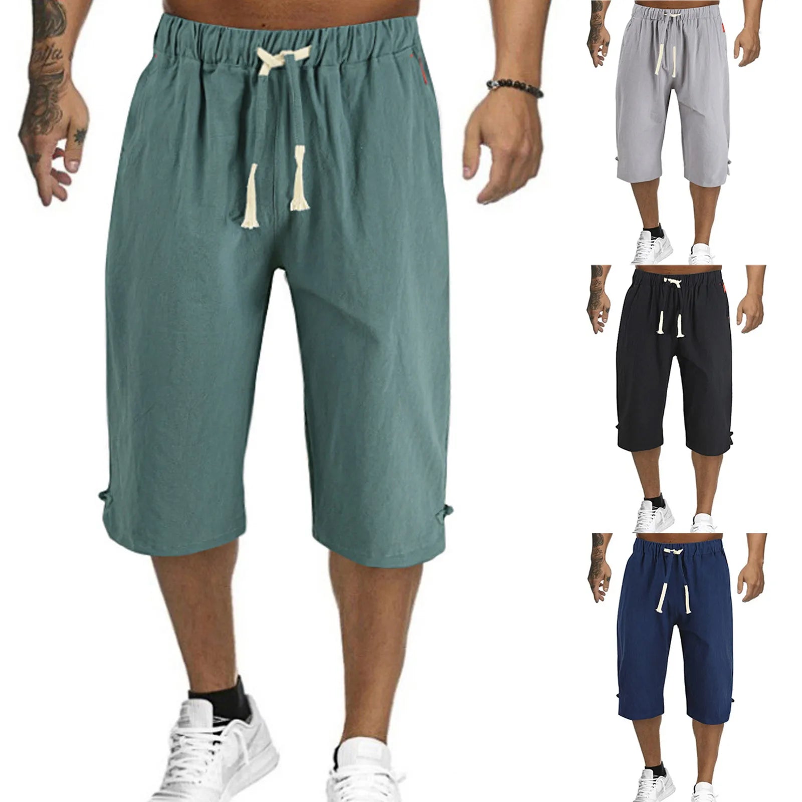 Cotton Linen Men'S Loose Tie Casual Pants Elastic Waist Beach Pants Linen Cropped Pants