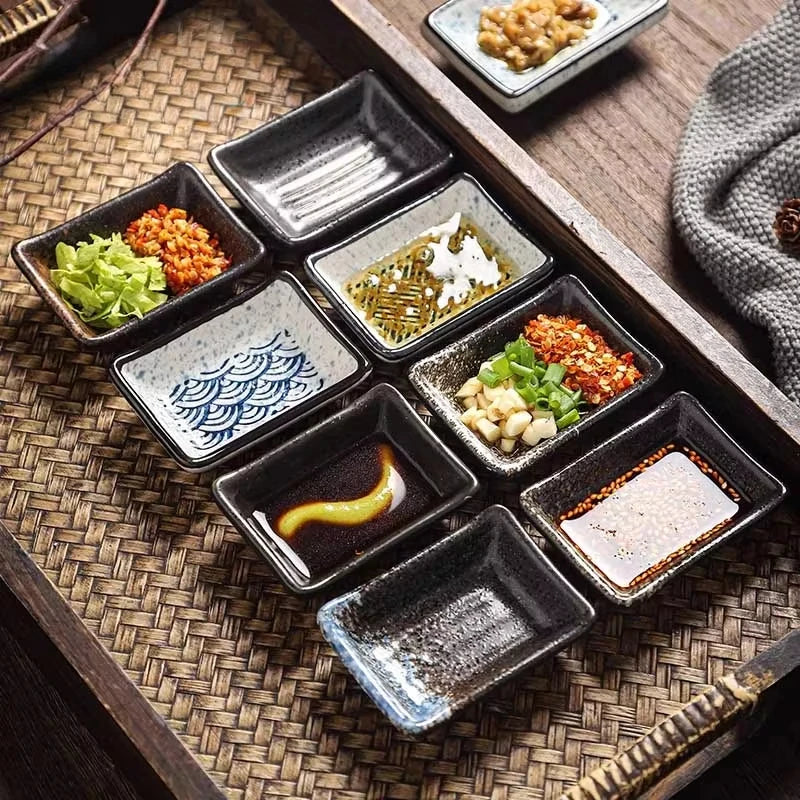 Vintage Ceramics Square Dipping Dish Japanese Small Sushi Plate Restaurant Hot Pot Sauce Plate Home Barbecue Seasoning Dishes