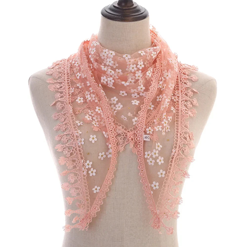 Fashion Women Triangle Wrap Fringed Shawls Head Scarf Tassel Embroidery Lace Scarves Flower Hijab Bandana Prayer Kerchief Church