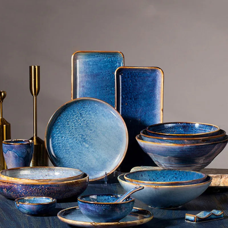 Ceramic Dinner Plate Tableware Blue Flat Dishes Dinnerware Food Serving Tray