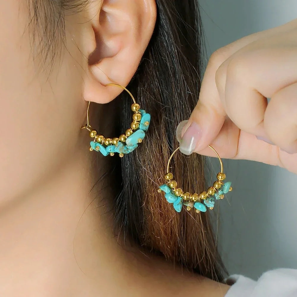 Bohemia Style Handmade Stainless Steel Turquoise Crystal Gold Ball Beads Earrings
