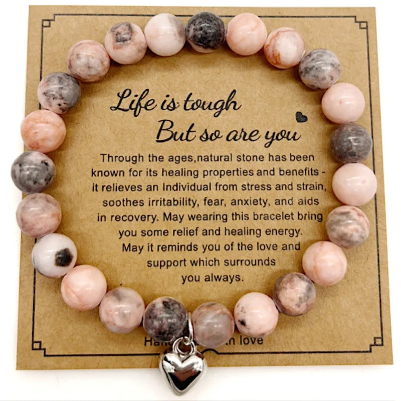 8mm Pink Zebra Beads Bracelets with Card Matte Natural Stone Purple Agate Crystal for Women Men Yoga Meditation Jewelry Gift