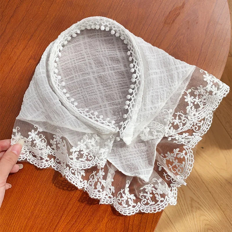 Red Woven Plaid Lace Hair Scarf Wraps Women Retro Triangle Headscarf Hat Travel Photo Headband Girl Hair Accessories