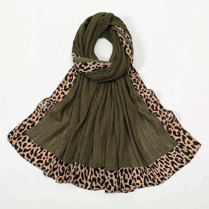 Hot Leopard Print Wrinkles Hijab Scarf Polyester Muslim Woman Hijab Shawls Lady Soft Long Wraps Femme Elegant Bandana Turban
